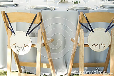 Wedding decor Chairs his hers bride groom Stock Photo