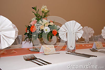 Wedding decor table setting and flowers Stock Photo