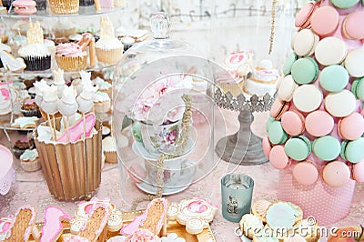 Wedding decoration with pastel colored cupcakes, meringues, muffins and macarons Stock Photo