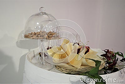 Wedding decoration. Wedding celebration. Wedding Table Arrangement. Special Wedding Candy. Banquet table designed for holidays, Stock Photo