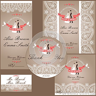 Wedding design template with Paisley border,cartoon wedding bri Vector Illustration