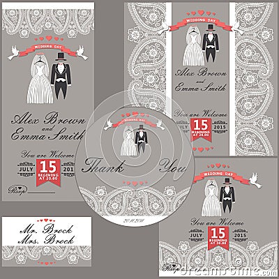 Wedding design template with Paisley border,cartoon wedding clo Vector Illustration