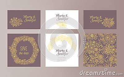 Wedding design vector template set with hand drawn floral ornaments Vector Illustration