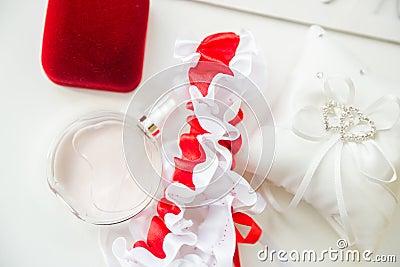 Wedding details. Bridal accessories. perfume, jewelry and rings Stock Photo