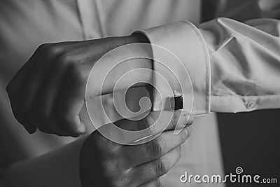 Wedding details, cufflinks, elegant male suit and Stock Photo