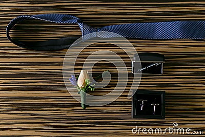 Wedding details. Groom accessories. Stock Photo