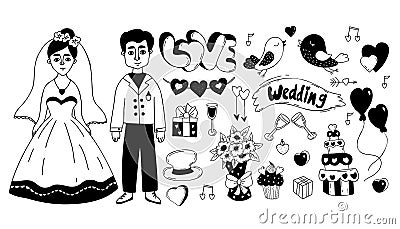 Wedding doodle set. Newlyweds, bride in wedding dress and groom, wedding cake, brides bouquet, heart, birds in love Vector Illustration