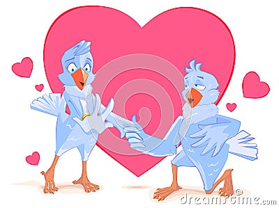 Wedding doves bird engagement. Dove offers his heart. Template for wedding invitation Vector Illustration