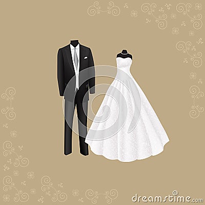 Wedding dress and black men's suit Vector Illustration