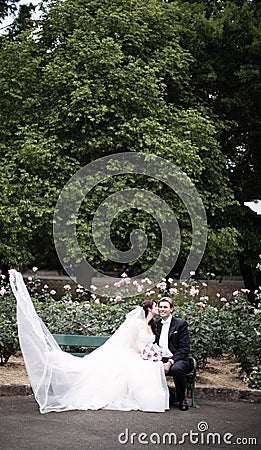 Wedding dress caught by the wind Stock Photo