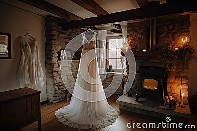 A Wedding Dress Hanging On A Hanger In A Cozy Cottage With A Fireplace And Warm Lighting. Generative AI Stock Photo