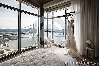 A Wedding Dress Hanging On A Hanger In A Luxurious Penthouse With A Private Terrace And Outdoor Fireplace. Generative AI Stock Photo