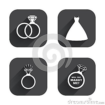 Wedding dress icon. Bride and groom rings symbol Vector Illustration