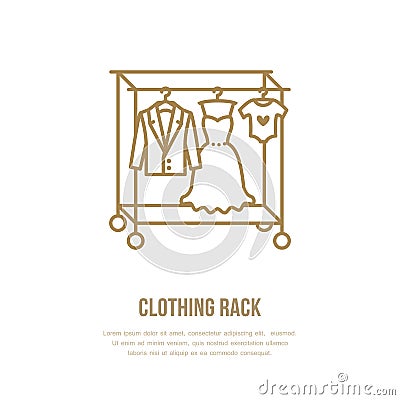 Wedding dress, men suit, kids clothes on hanger icon, clothing rack line logo. Flat sign for apparel collection Vector Illustration