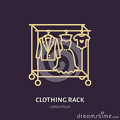 Wedding dress, men suit, kids clothes on hanger icon, clothing rack line logo. Flat sign for apparel collection Vector Illustration