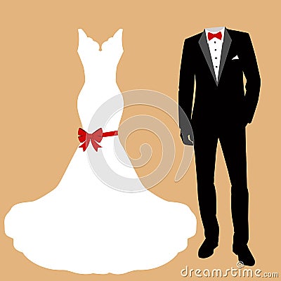 Wedding dress and tuxedo. Vector Illustration