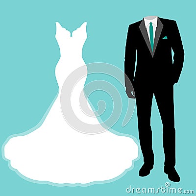 Wedding dress and tuxedo. Vector Illustration