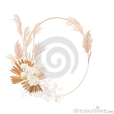 Wedding dried lunaria, orchid, pampas grass floral wreath. Vector Exotic dried flowers, palm leaves boho Vector Illustration