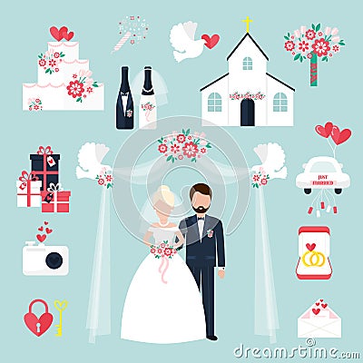 Wedding elements invitation celebration set flat anniversary romance decoration couple icons vector illustration Vector Illustration