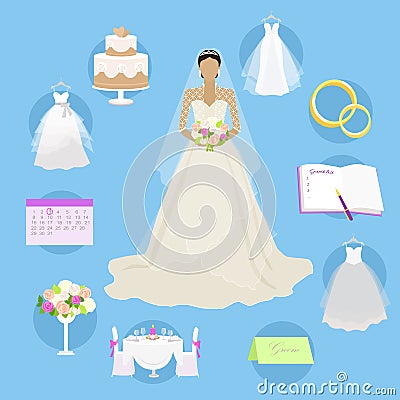 Wedding Elements in Round Buttons Marriage Concept Vector Illustration