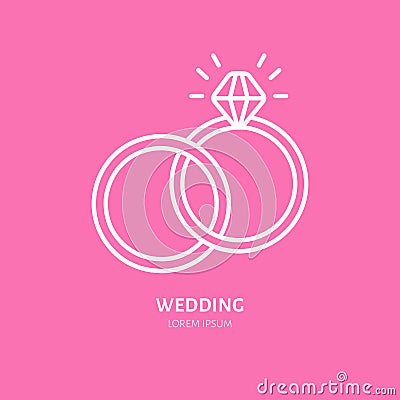 Wedding or engagement rings line icon. Vector logo for jewelery store, wedding organization service or event agency Vector Illustration