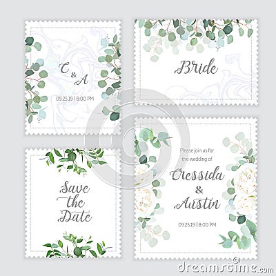 Wedding eucalyptus, rose square vector design banner frames Vector Illustration