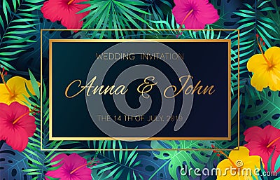 Wedding event invitation card. Poster marriage exotic tropical flowers jungle leaves palm frame decoration invite banner Vector Illustration