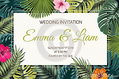 Exotic tropical jungle wedding event invitation Vector Illustration