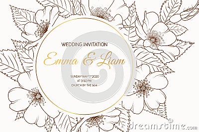 Wedding event invitation card template. Round wreath border frame with wild rose cherry sakura flowers bloom blossom. Vector Illustration