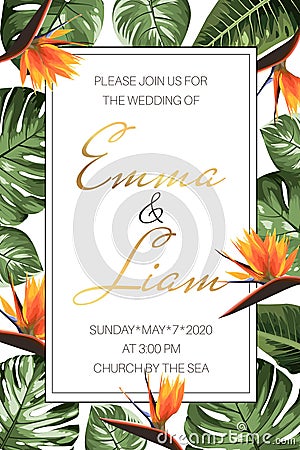 Wedding event invitation RSVP card template. Green monstera philodendron leaves orange strelitzia bird paradise flowers. Vector Illustration