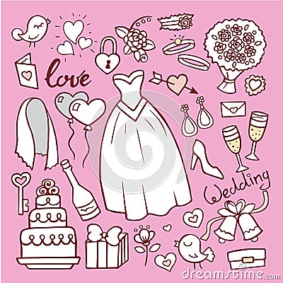 Wedding fashion bride dress doodle style vector illustration. Vector Illustration