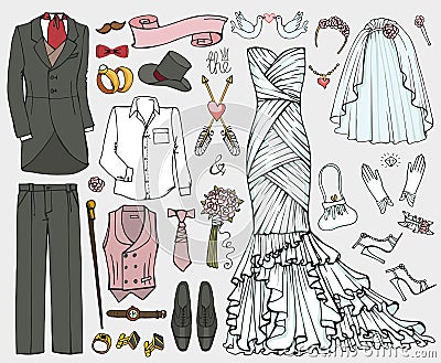 Wedding fashion.Doodle bride,groom dress,clothing set Vector Illustration