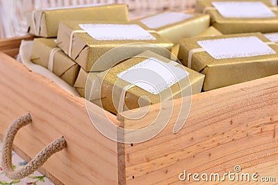 Wedding favors handmade soaps golden decoration anniversary party guest gifts fifty years married souvenirs Stock Photo