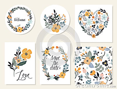 Wedding floral collection with hand drawn flowers and plants Vector Illustration