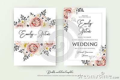 Wedding floral double watercolor invite, invitation, save the da Vector Illustration