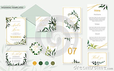 Wedding floral gold invitation card envelope save the date rsvp menu table Vector Illustration