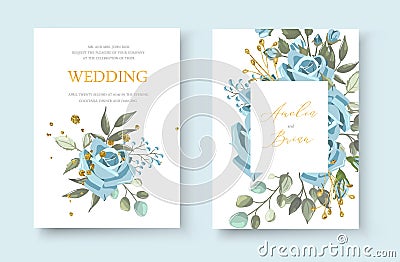 Wedding floral golden invitation card envelope save the date with navy blue rose Vector Illustration