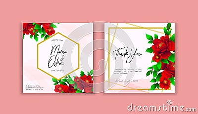 Wedding floral golden invitation card save the date design with pink flowers roses and green leaves and frame Vector Illustration