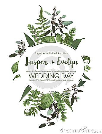 Wedding floral invitation, invite card. Vector watercolor set green forest fern, herbs, eucalyptus, branches boxwood, buxus. Vector Illustration