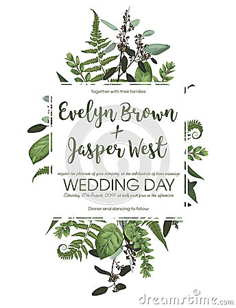 Wedding floral invitation, invite card. Vector watercolor set green forest fern, herbs, eucalyptus, branches boxwood, buxus. Vector Illustration