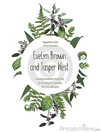 Wedding floral invitation, invite card. Vector watercolorgreen forest leaf, fern, branches boxwood, buxus, eucalyptus. Natura, Vector Illustration