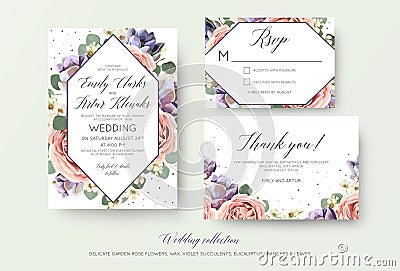 Wedding floral invitation, rsvp, thank you card elegant botanical design with lavender pink garden rose flowers, violet succulent Vector Illustration