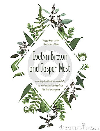 Wedding floral invite card. Vector watercolor green forest leaf, fern, branches boxwood, buxus, eucalyptus. Flowers of yellow, Vector Illustration