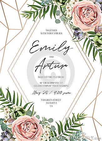 Wedding floral invite invitation card design. Lavender pink garden rose, green tropical palm leaf, succulent plant, greenery Vector Illustration