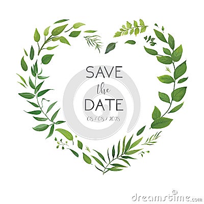 Wedding floral invite, invitation card, save the date design. Botanical greenery heart shape wreath. Garden plants, green forest Stock Photo