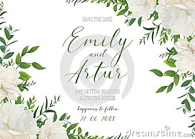 Wedding floral invite, invitation, save the date card design. White powder garden peony rose flowers, greenery leaves, eucalyptus Vector Illustration