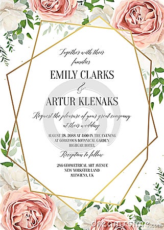 Wedding floral invite, invtation card design. Watercolor blush p Vector Illustration