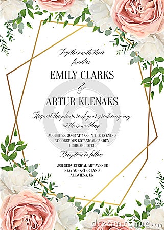 Wedding floral invite, invtation card design. Watercolor blush p Vector Illustration