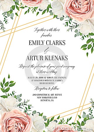 Wedding floral invite, invtation card design. Watercolor lavender pink rose, white garden peony flowers blossom, green leaves, gr Vector Illustration