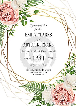 Wedding floral invite, invtation card design. Watercolor lavender pink rose, white garden peony flowers blossom, green leaves, gr Vector Illustration
